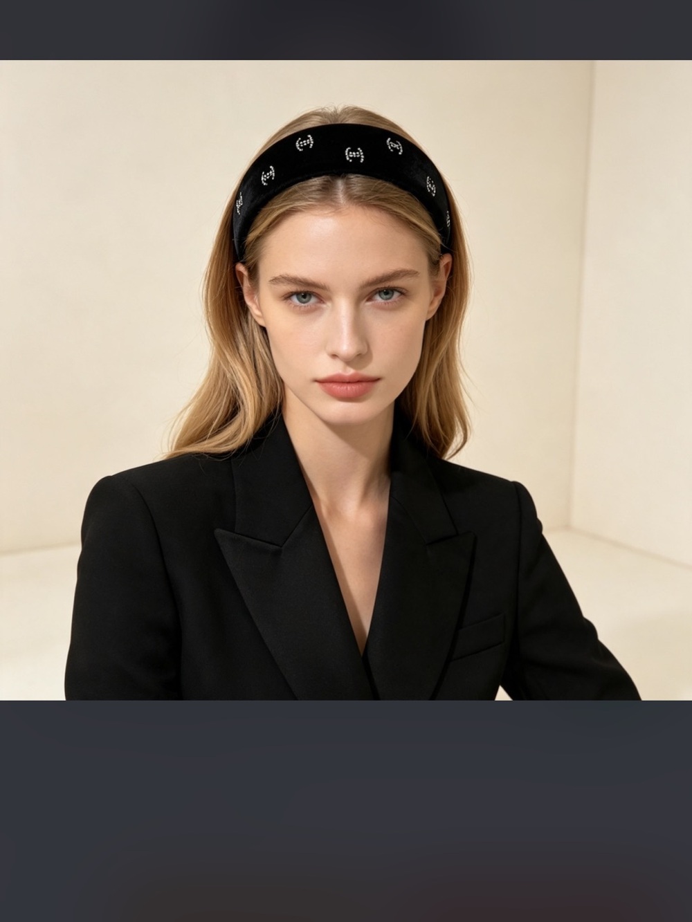 Double C Designer Black Headband with Rhinestone letter logos